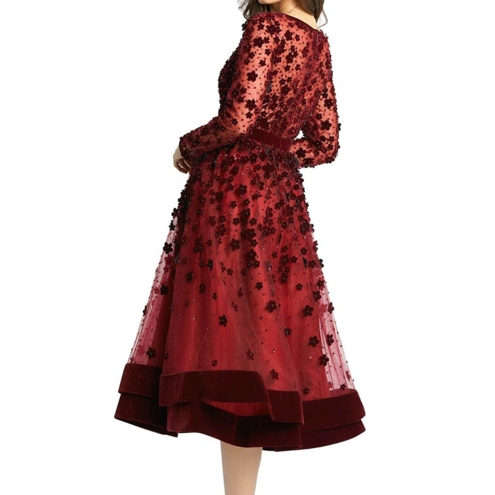 Mac Duggal Floral Applique Cocktail Dress Dark Red Burgundy Velvet Mesh 14 - Picture 2 of 7